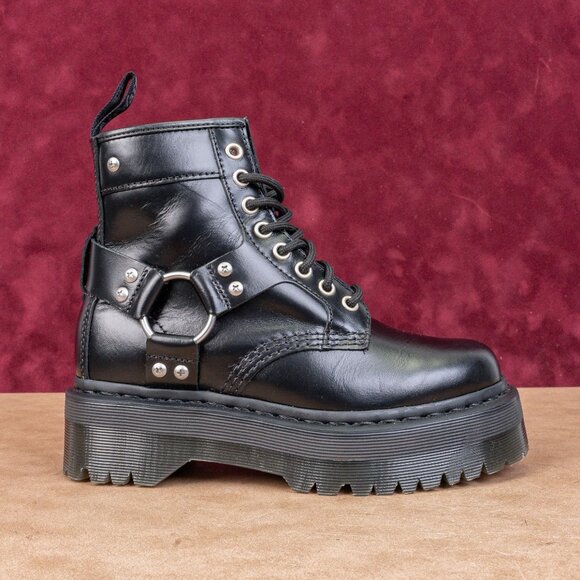 Dr Marten Women Quad Harness Moto Black Leather Lace-up Platform Boots M5 W6 - Picture 4 of 8